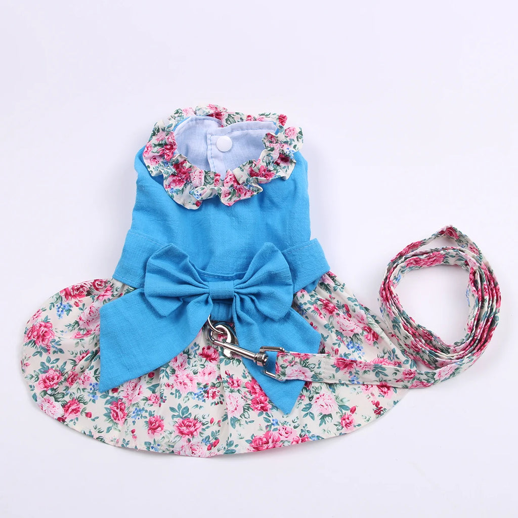 Dogs/Cats Floral Bow Dress; Matching Leash