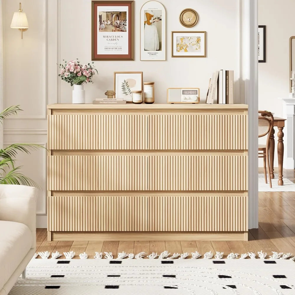 Modern Fluted 6-Drawer Wooden Dresser or Dining Side Table