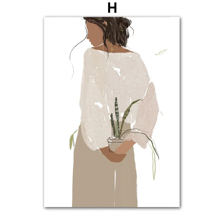 Boho Abstract Girl, Flowers, Illustrated Canvas Paintings