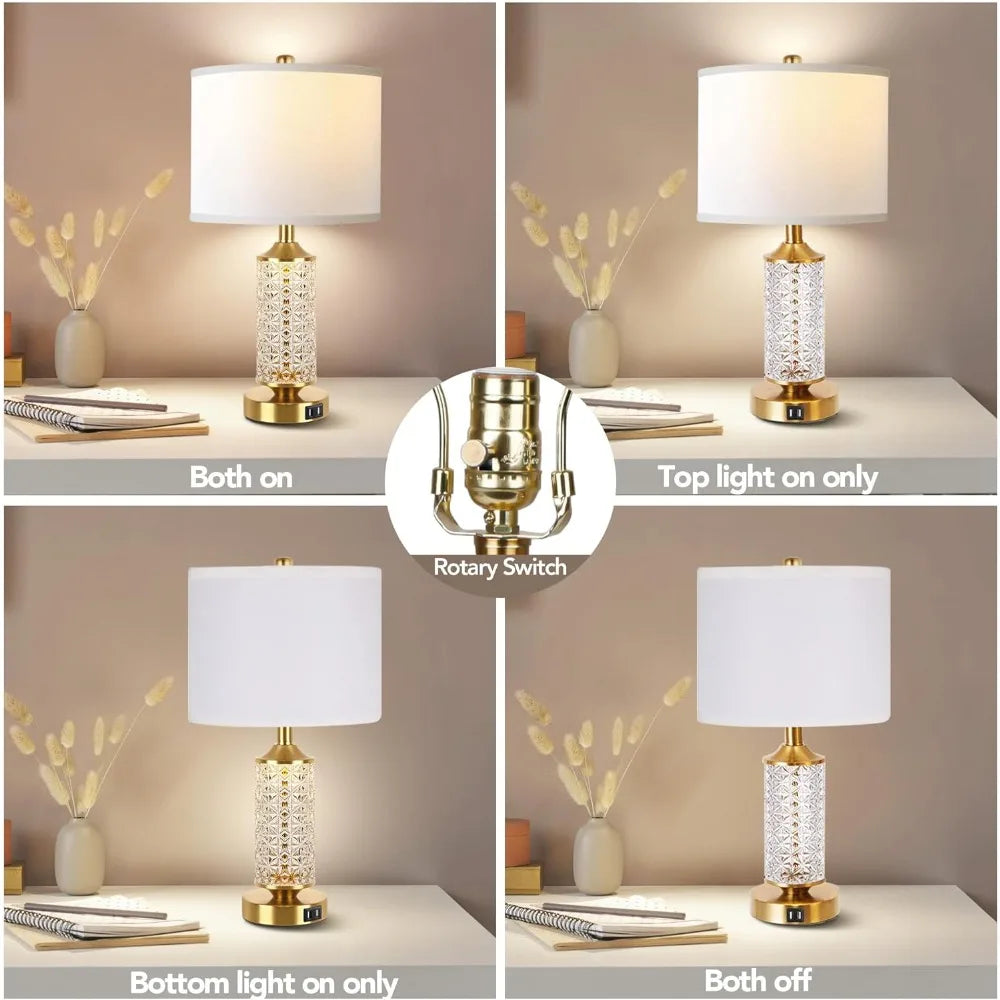 Gold & Crystal Table Lamps; USB Ports, Set of 2