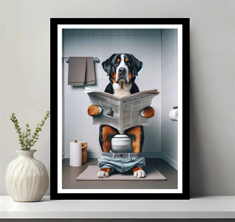 Animals Reading Newspaper on Toilet Canvas Print