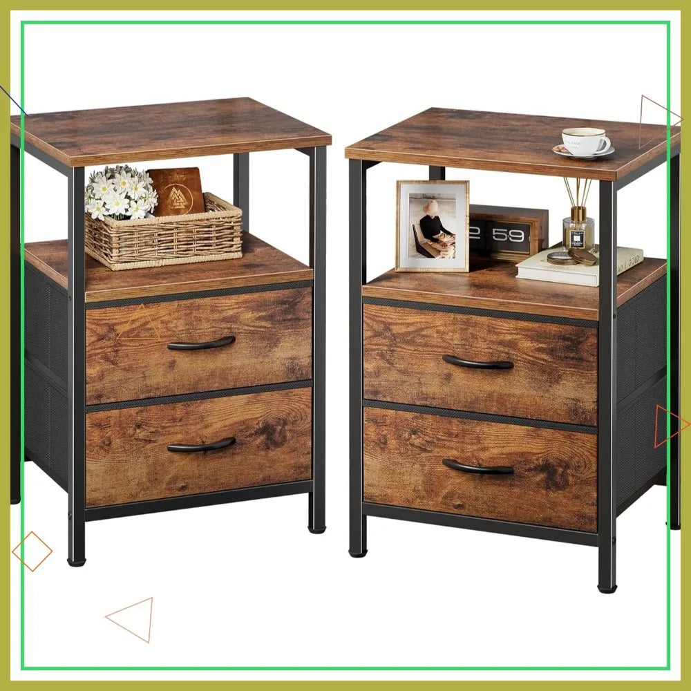 2-Drawer Nightstand, Open Shelf, Rustic Brown,