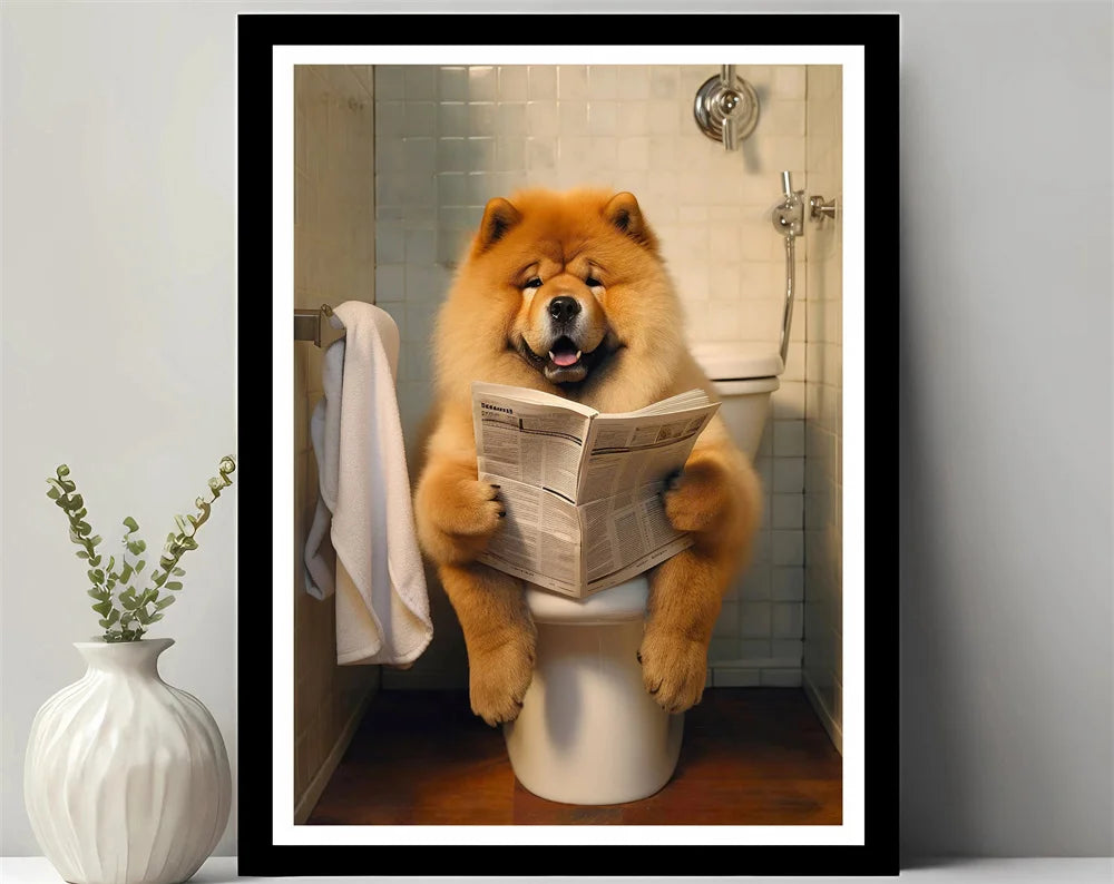 Animals Reading Newspaper on Toilet Canvas Print