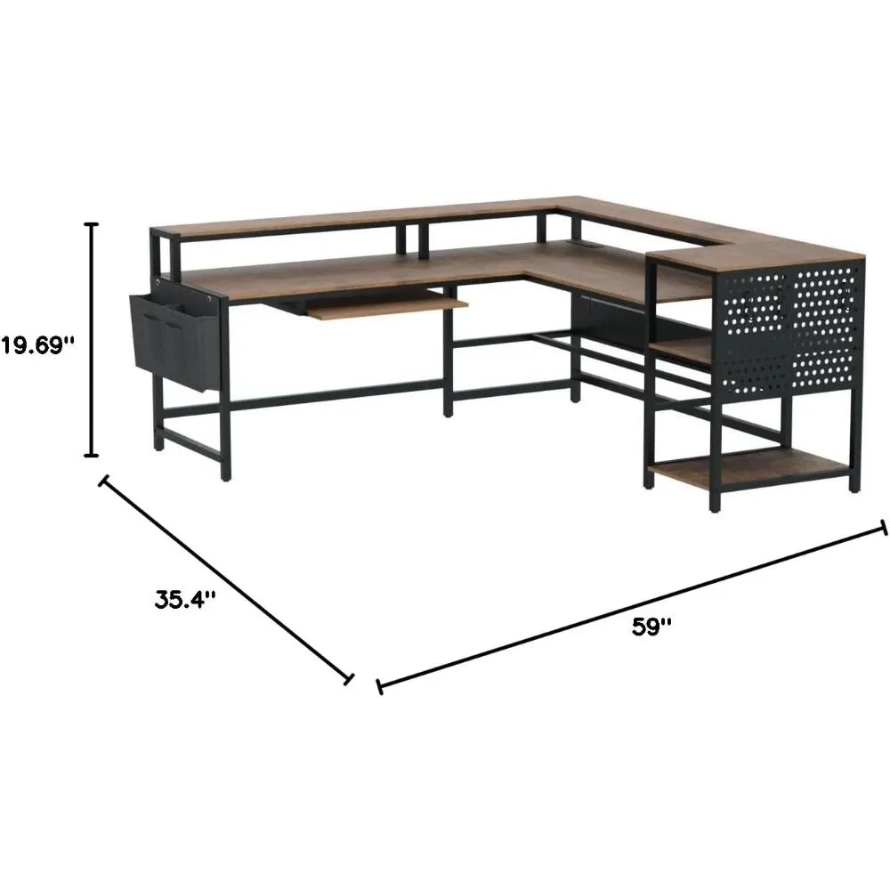 L Shaped Computer Desk with Power Outlets & LED Strip