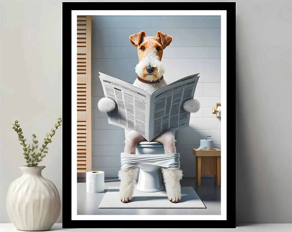 Animals Reading Newspaper on Toilet Canvas Print