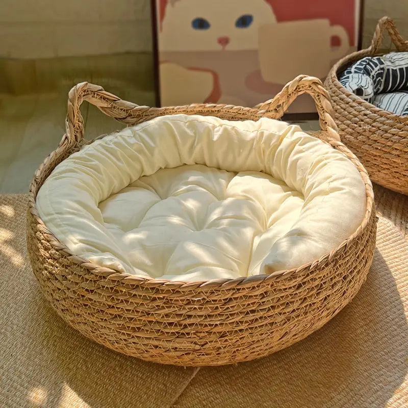 Rattan Weaving Cat Basket Bed With Cushion