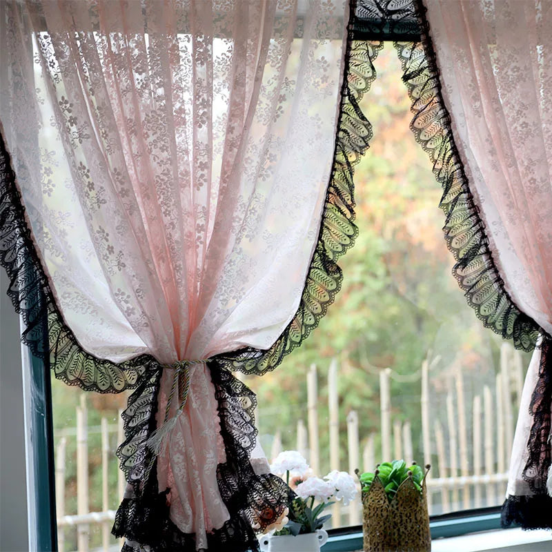 Vintage Blush Jacquard, Black Lacework Sheer Curtains