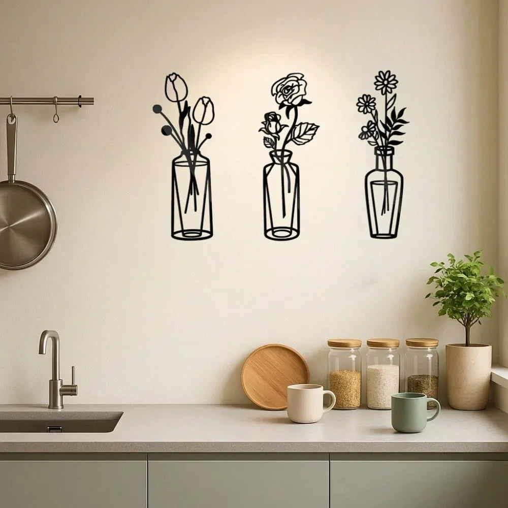 Minimalist Iron Wire Floral Sculpture Wall Art