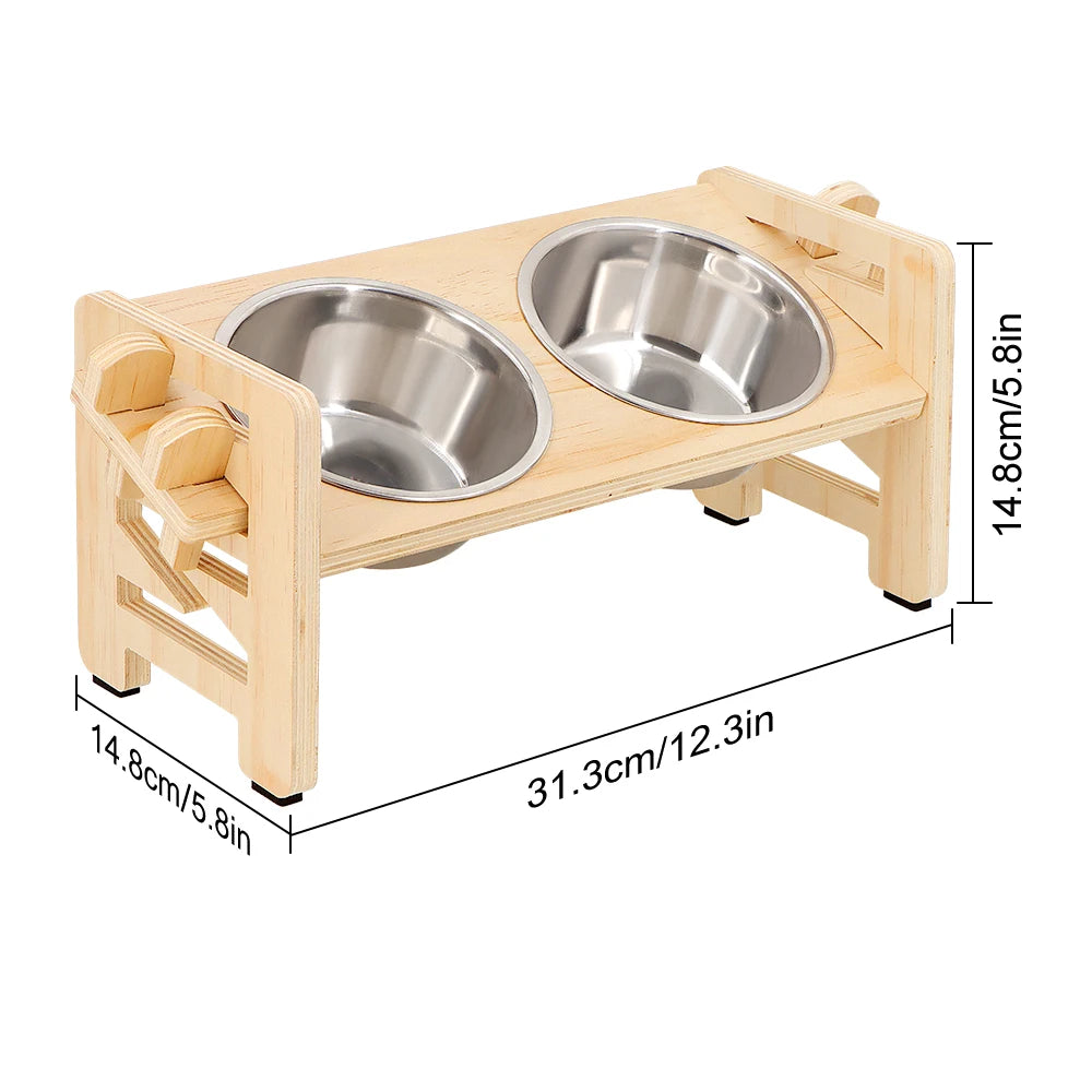 Dog 2 Bowl Raised Wood Stand; Adjustable