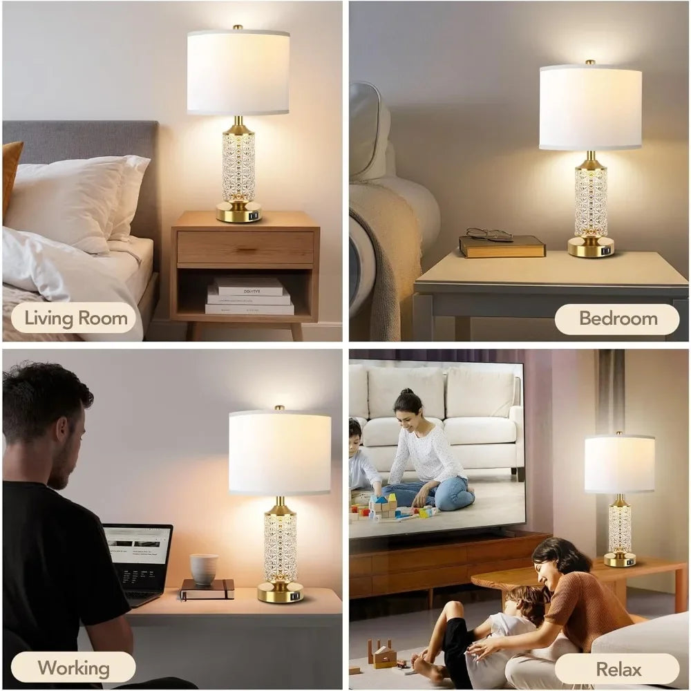 Gold & Crystal Table Lamps; USB Ports, Set of 2