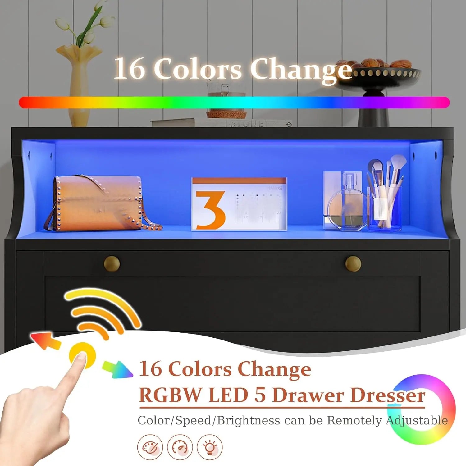 Modern Black Dresser, 5 Drawers, Gold Hardware, 2  Shelves & LED Lights