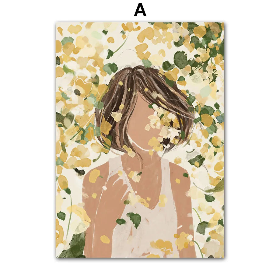 Boho Abstract Girl, Flowers, Illustrated Canvas Paintings
