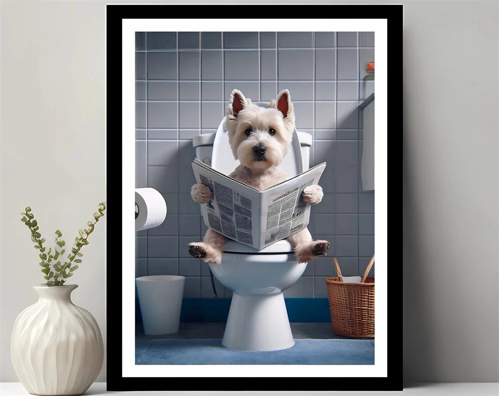 Animals Reading Newspaper on Toilet Canvas Print