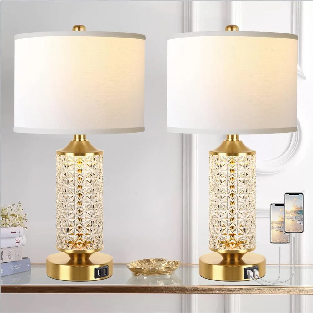 Gold & Crystal Table Lamps; USB Ports, Set of 2