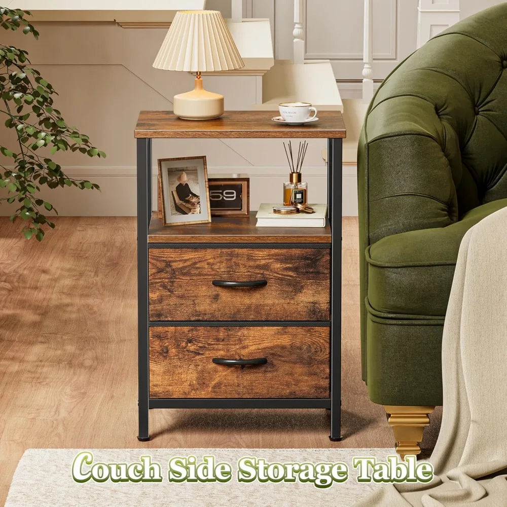 2-Drawer Nightstand, Open Shelf, Rustic Brown,