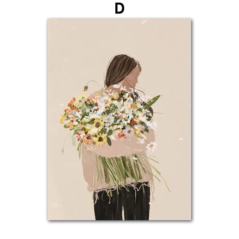 Boho Abstract Girl, Flowers, Illustrated Canvas Paintings