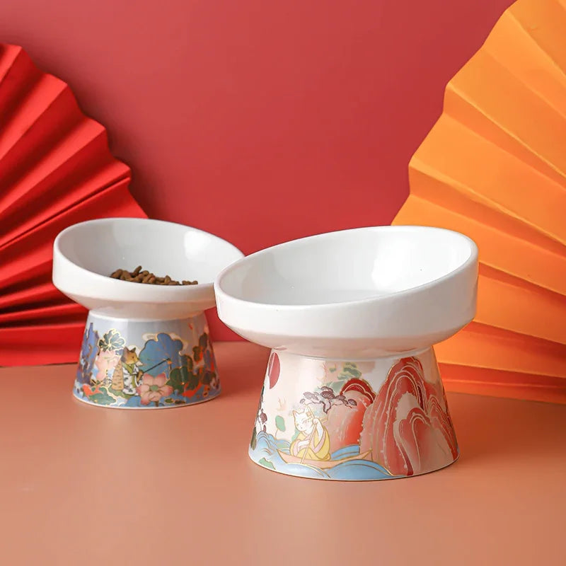 Chinese Style Elevated Ceramic Cat Water/Food Bowl