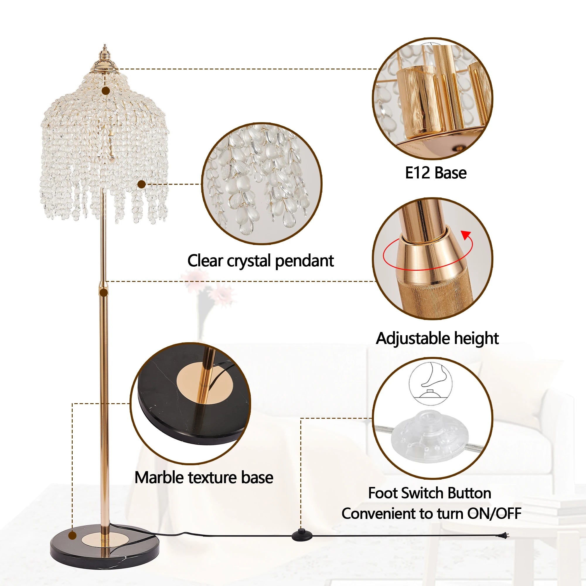 Floor Lamp: Lampshade of Crystal Bead Strings in Waterfall Design