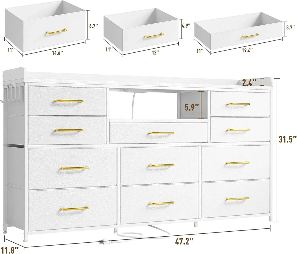 Dresser, 11 Drawers, Shelves with LED Lights, Charging Station