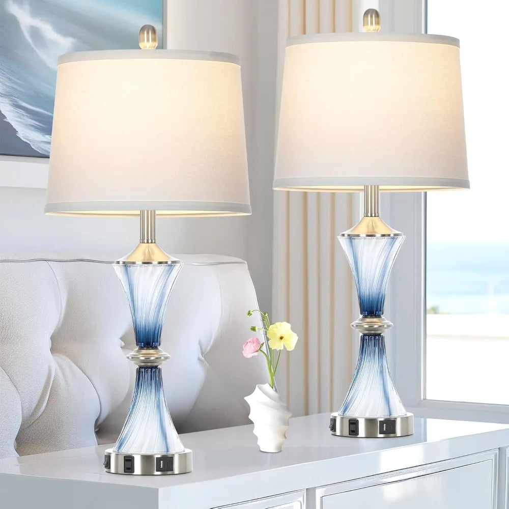 Blue Crystal Glass 28" Lamp, Drum Shade, Set of 2