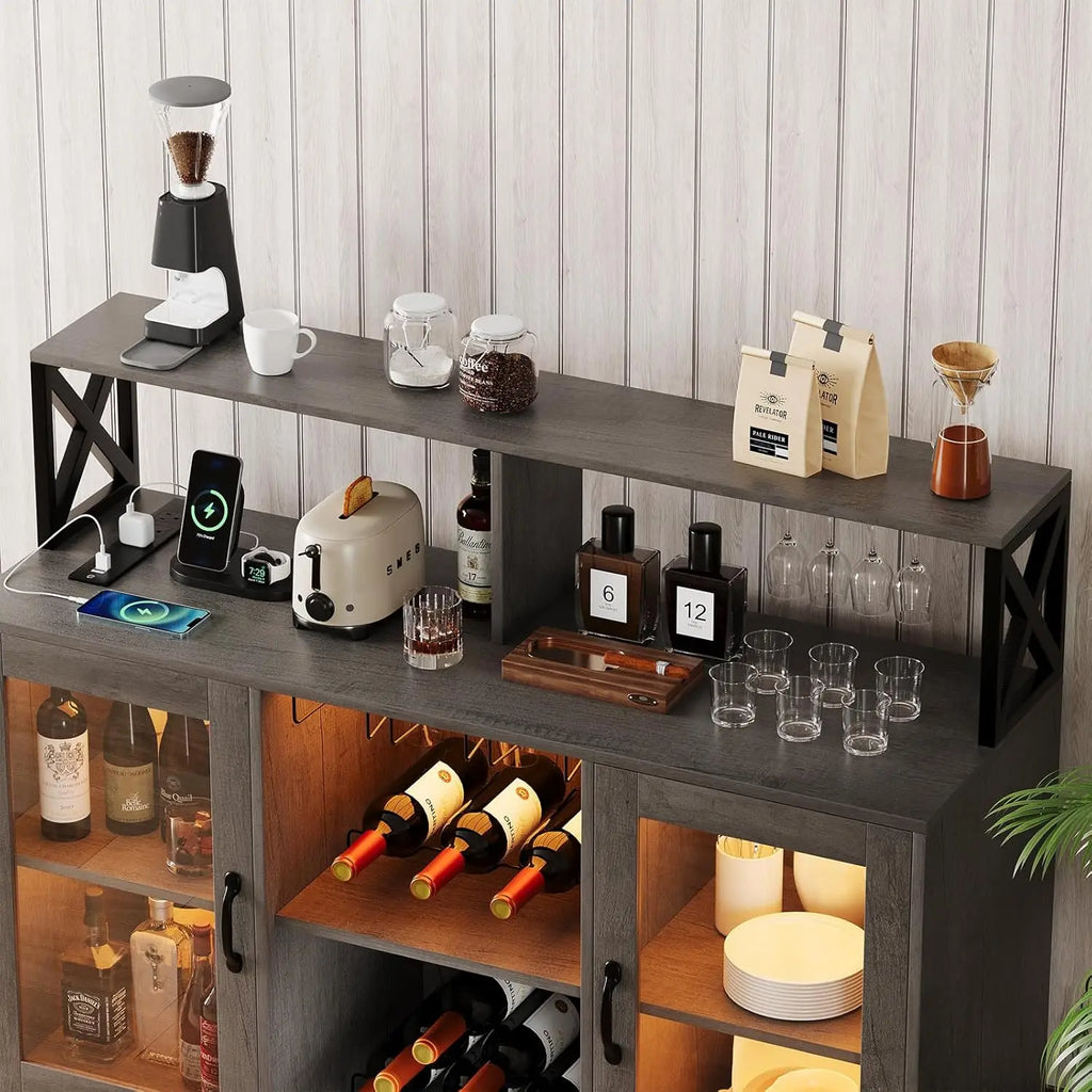 Wine/Coffee Bar Cabinet, Wine Rack, LED Lights, 4 Colors