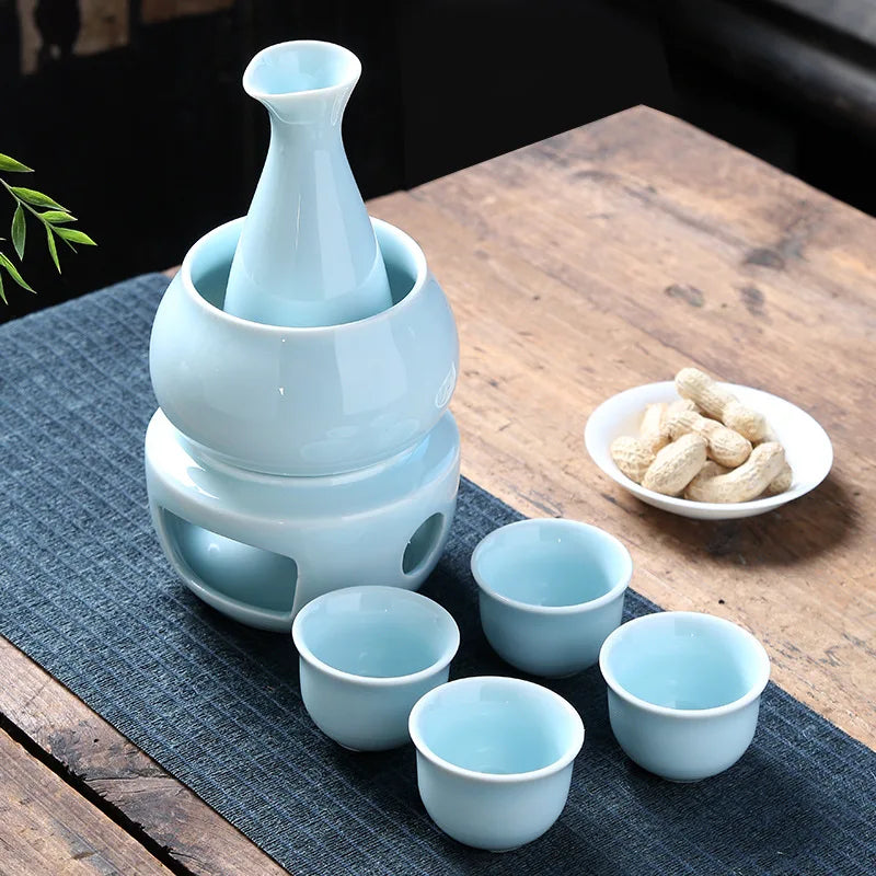 Japanese Sake Pot, Warmer, Cups, Ceramic 7pcs Set