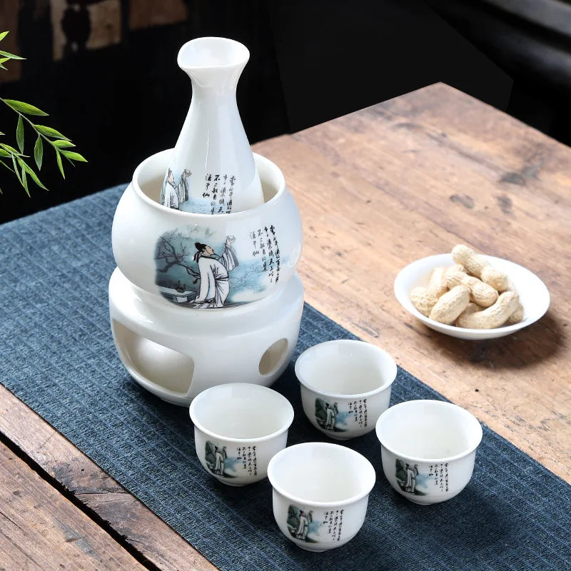 Japanese Sake Pot, Warmer, Cups, Ceramic 7pcs Set
