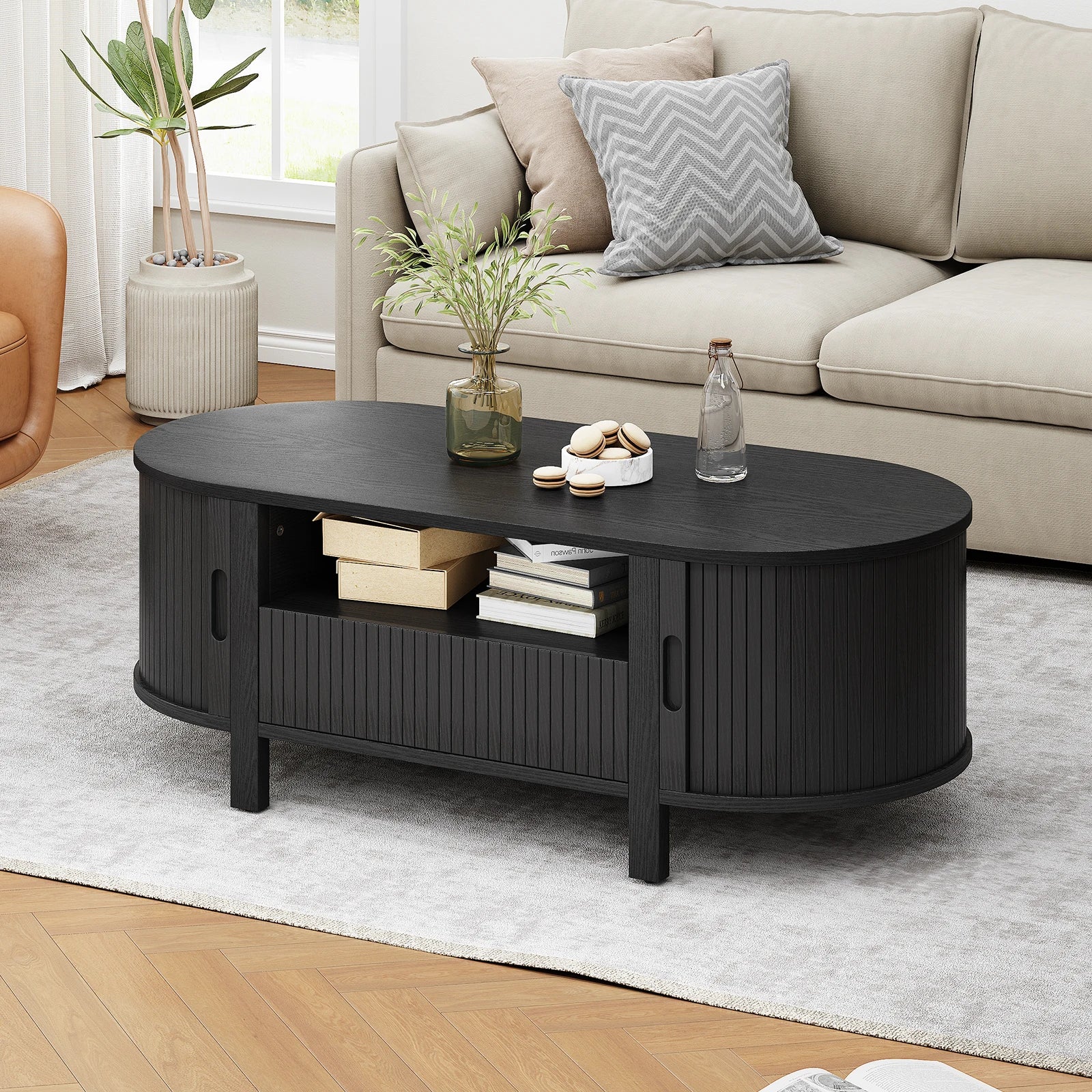 Mid-Century Oval  47" Fluted Coffee Table, 2 Colors