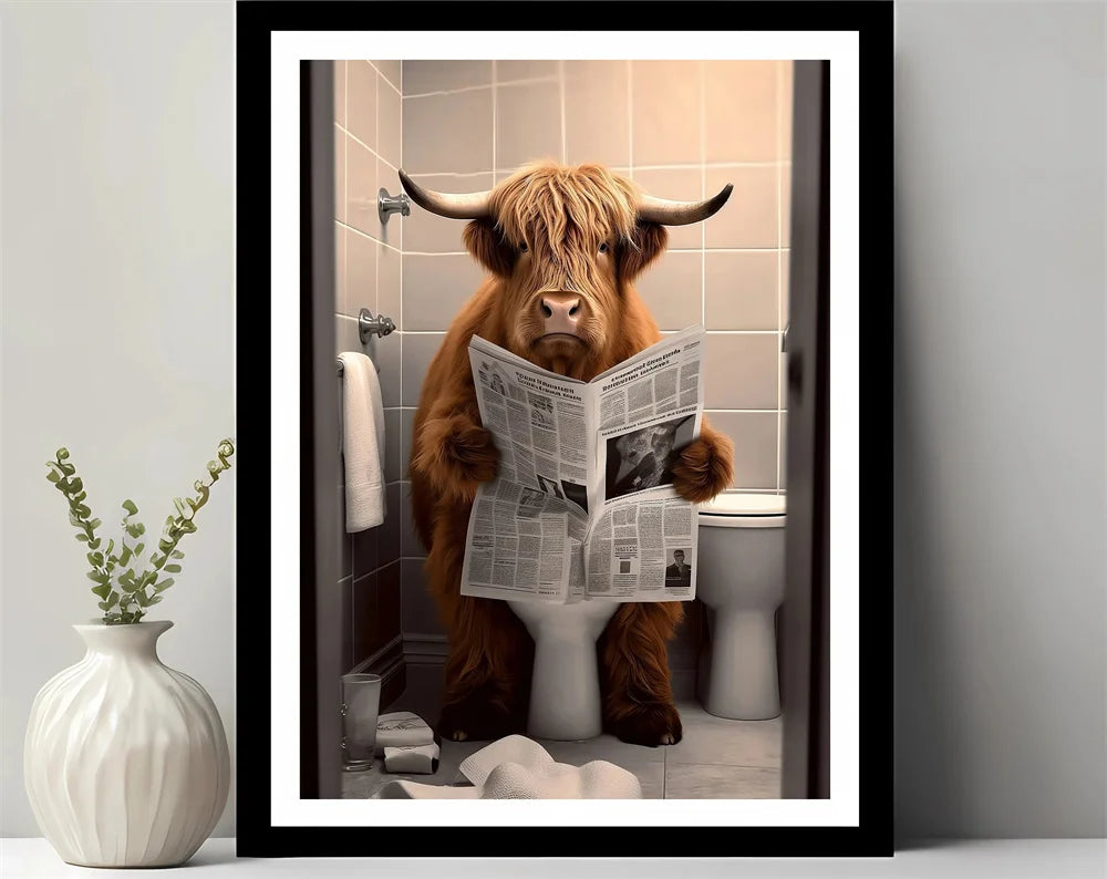 Animals Reading Newspaper on Toilet Canvas Print