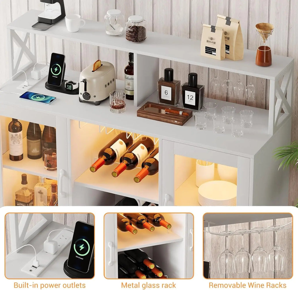 Wine/Coffee Bar Cabinet, Wine Rack, LED Lights, 4 Colors