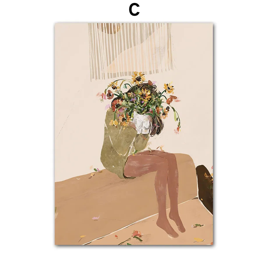 Boho Abstract Girl, Flowers, Illustrated Canvas Paintings