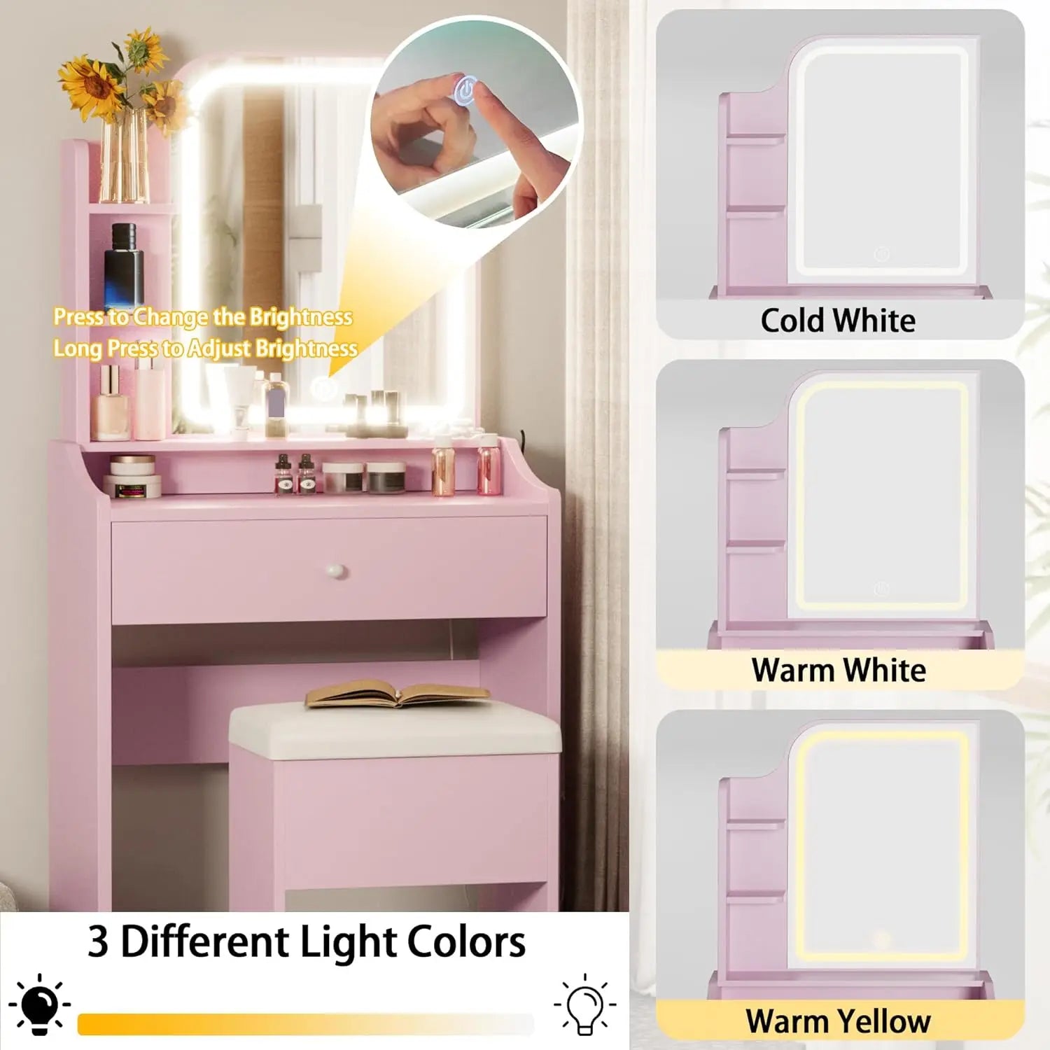 Pink Vanity/Desk: Mirror, Lights, Drawer, Bench Seat, 3 Shelves,