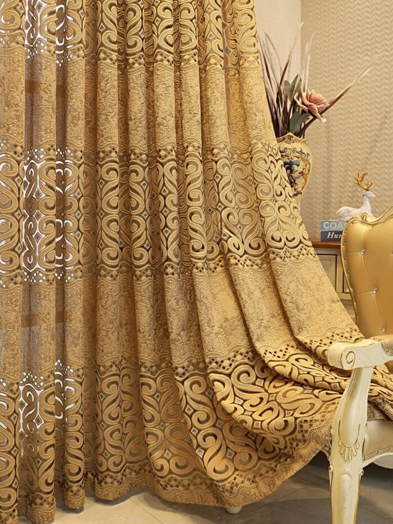 Khaki Eight Character Hollow Perforated Curtains