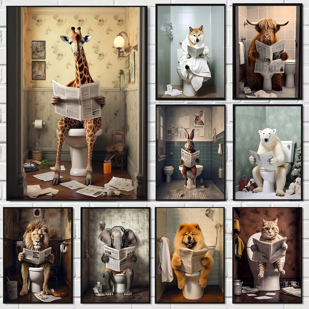 Animals Reading Newspaper on Toilet Canvas Print