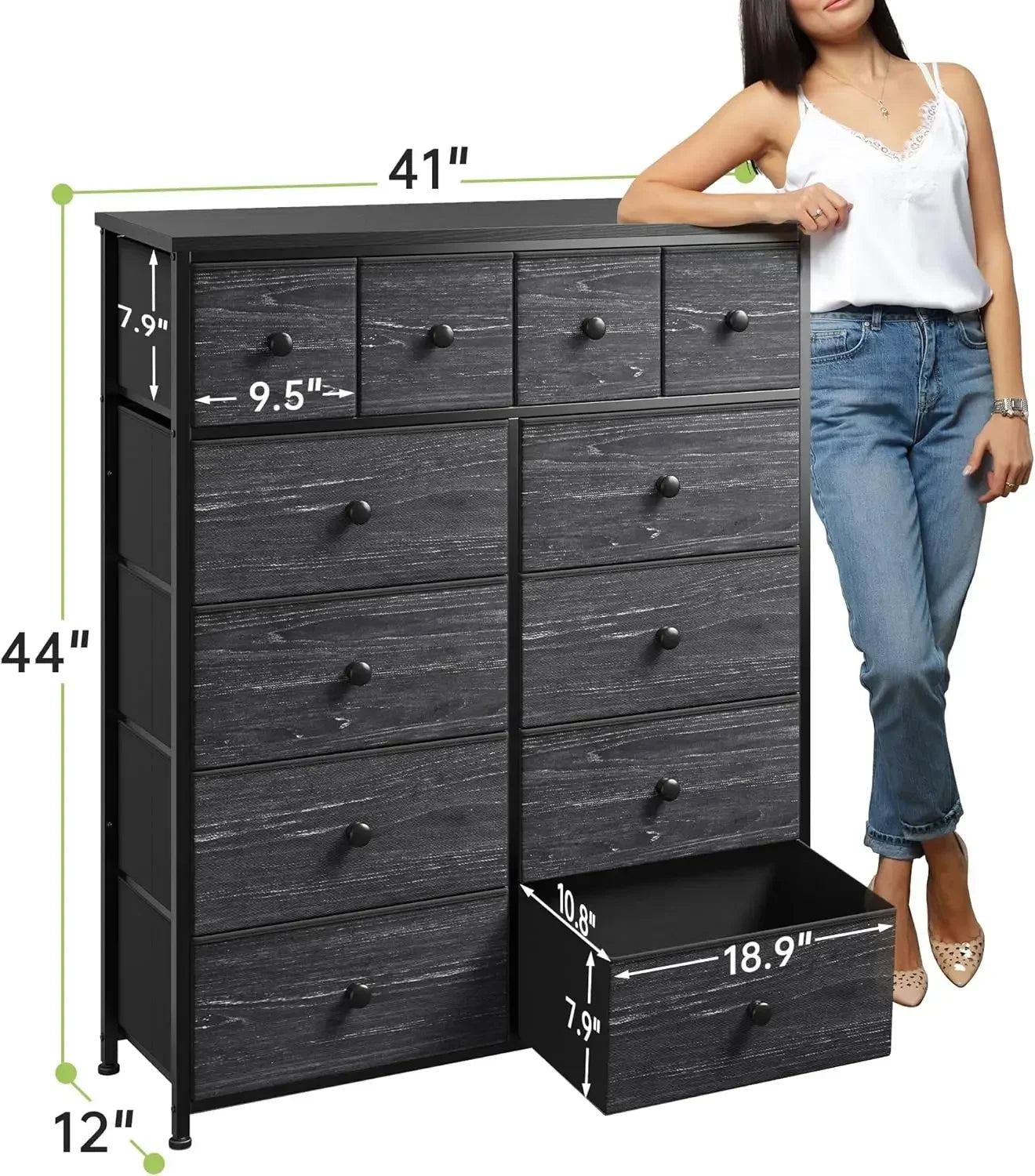 Sleek Black Dresser with 12 Drawers; Tons of Storage.