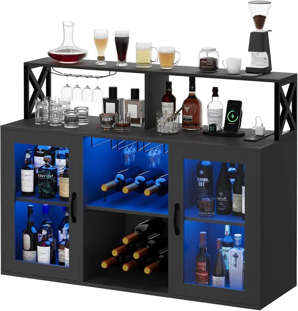 Wine/Coffee Bar Cabinet, Wine Rack, LED Lights, 4 Colors