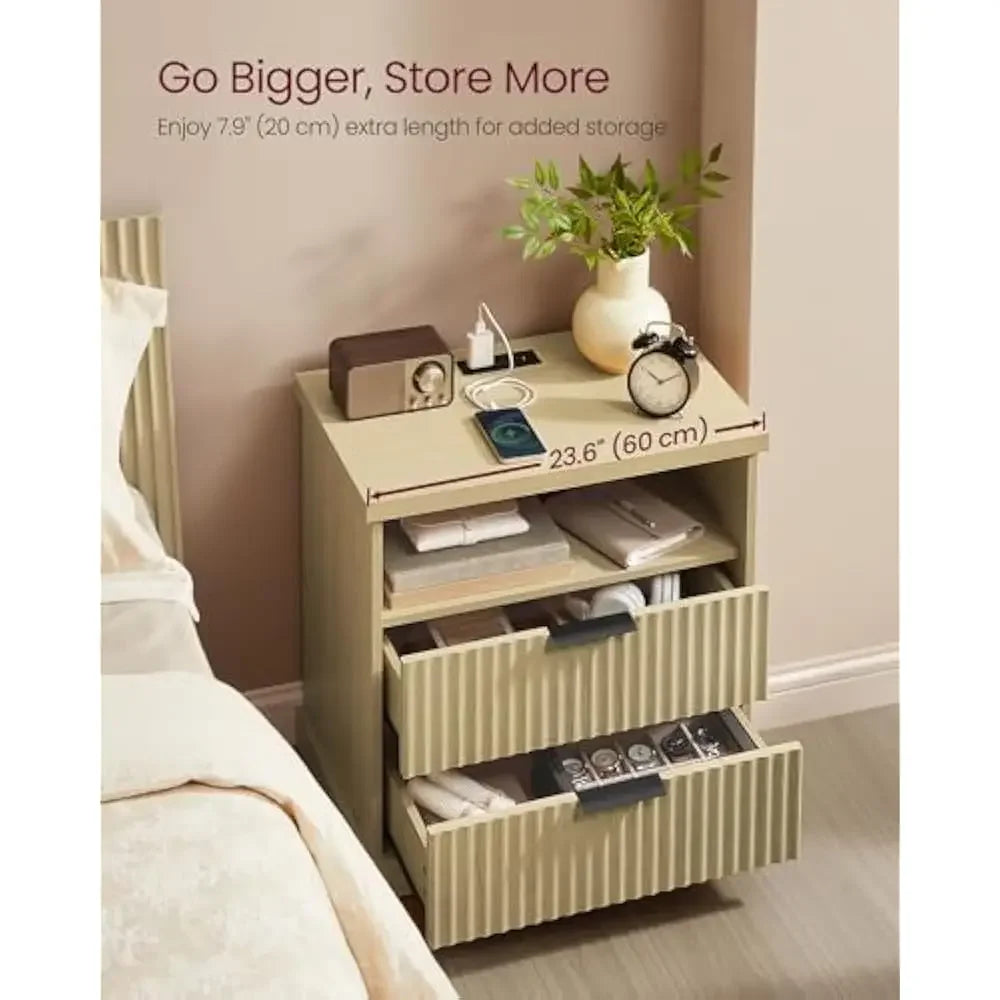 Fluted 2-Drawer Nightstand, AC Outlets, USB Ports; Set of 2
