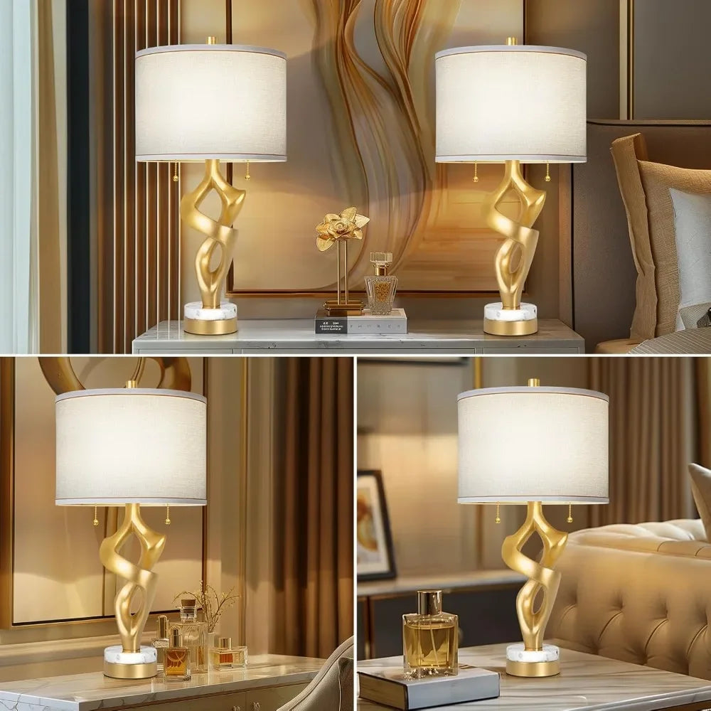 Unique 26" Gold Leaf Lamps, Linen Shade, Set of 2