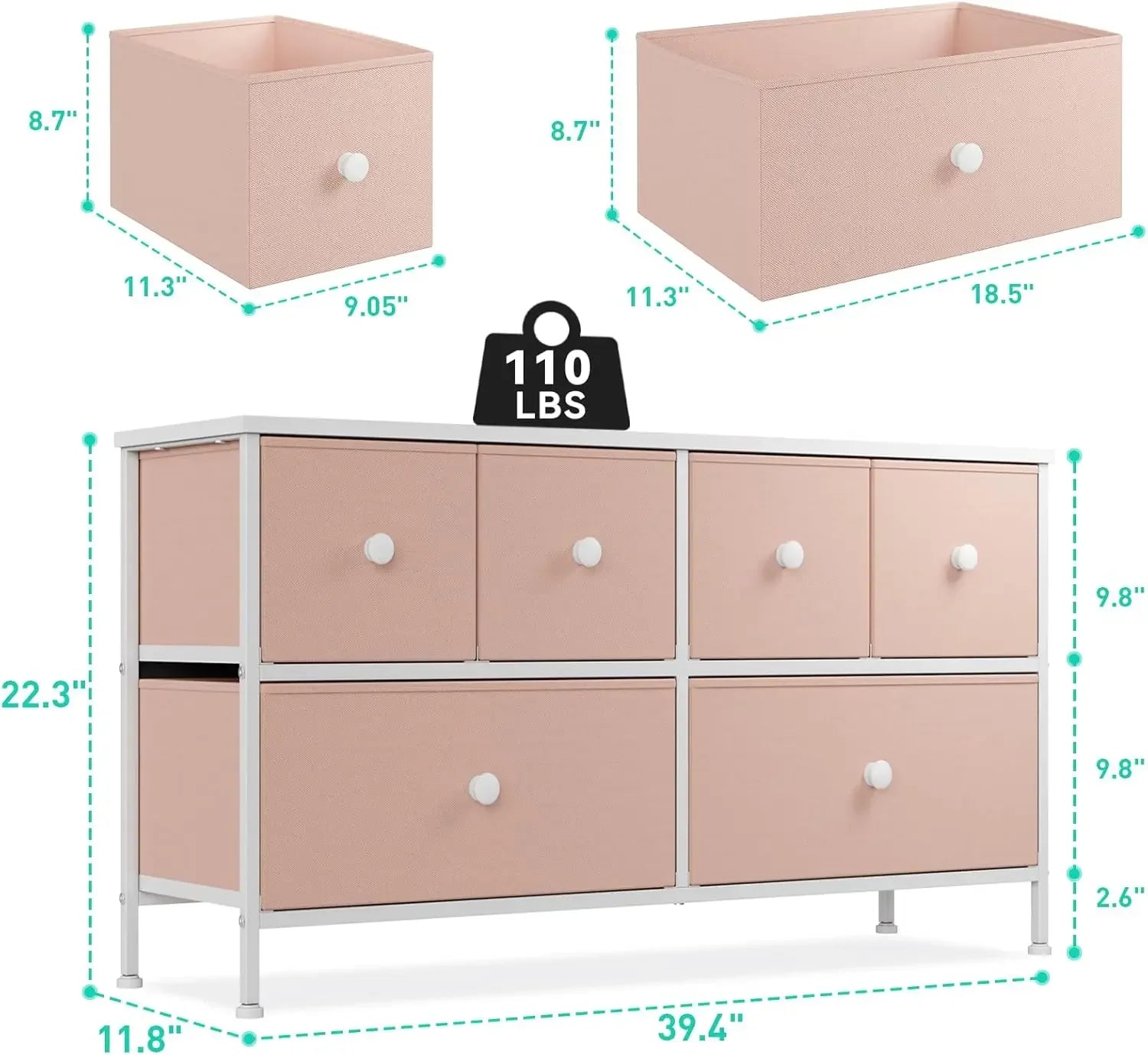 Pink 6-Drawer Dresser; Sturdy Metal Frame