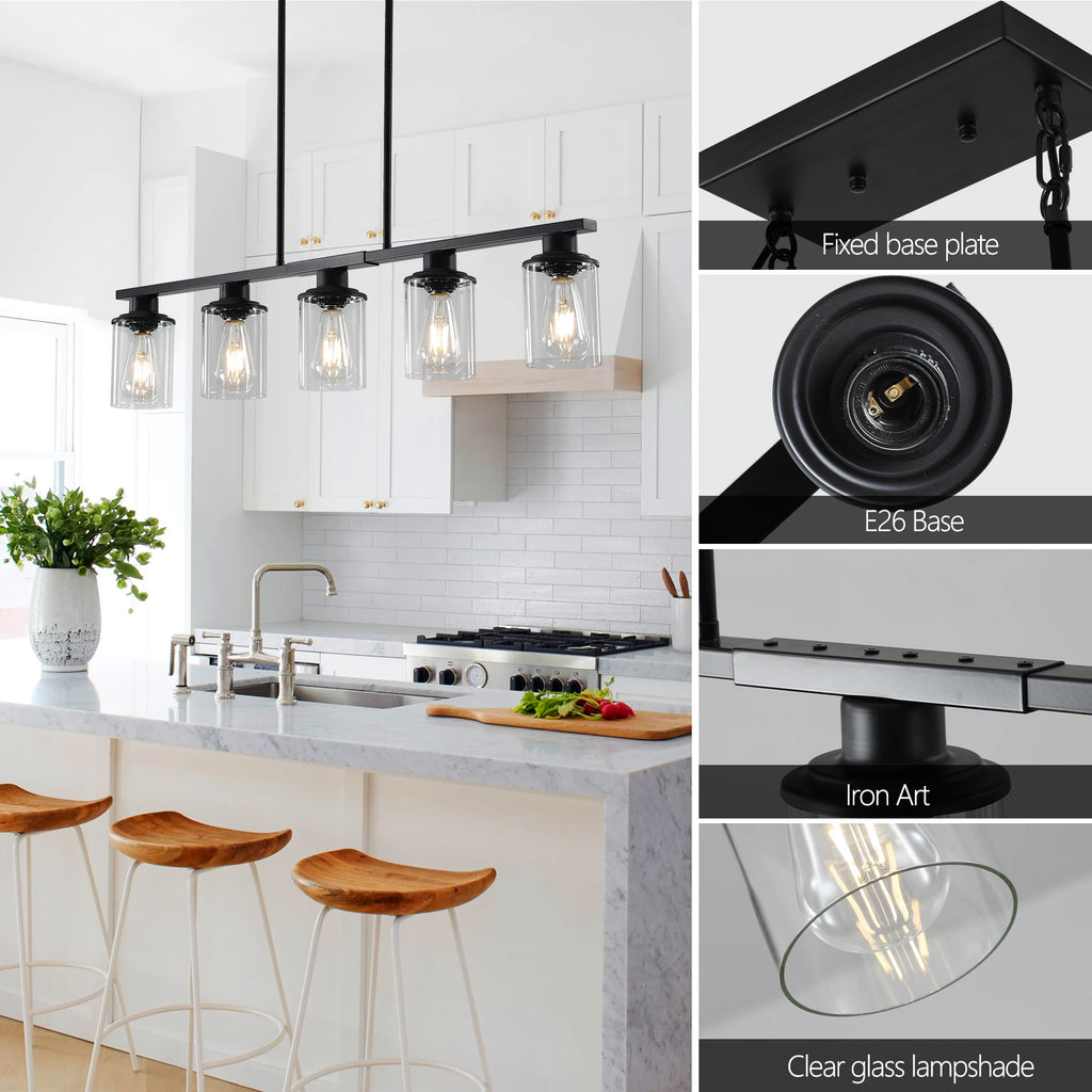 Industrial 5-Light Chandelier, Glass Shades; 4 Colors Available