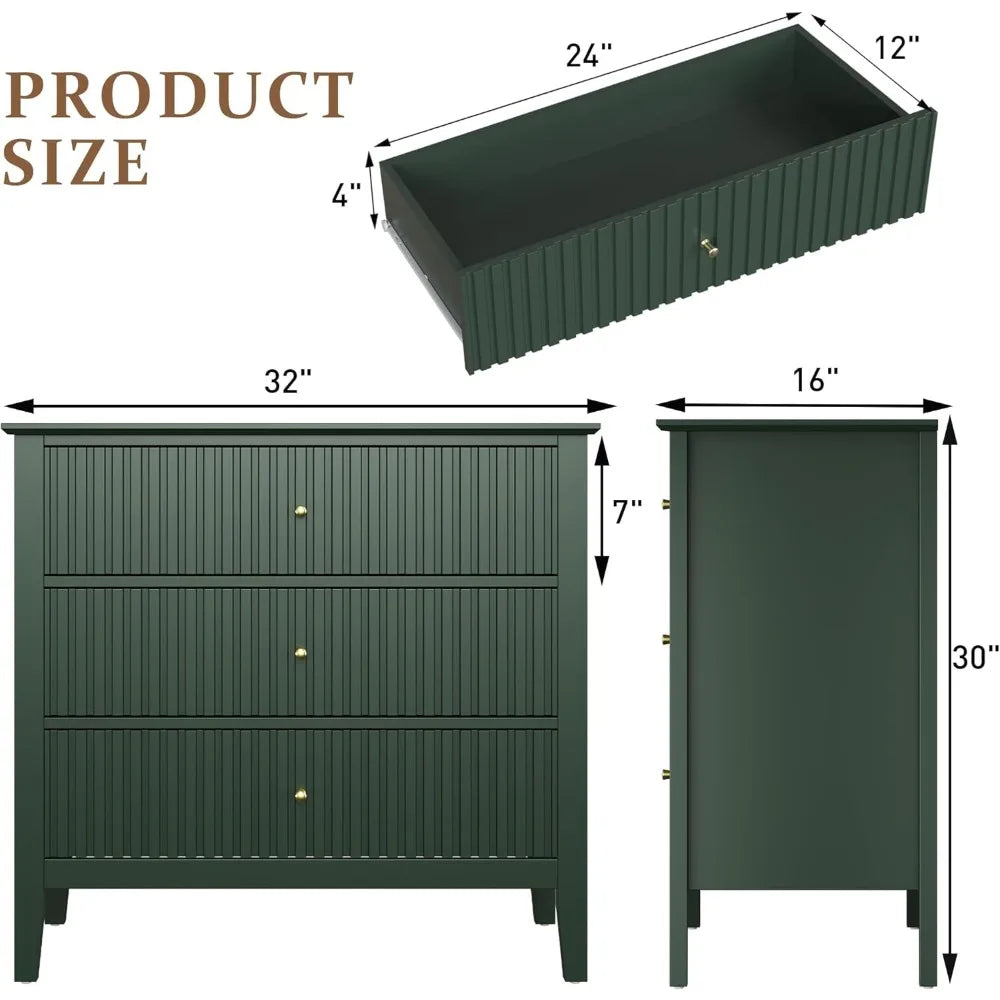 Fluted 3-Drawer 32" Nightstand, Room Chest, TV Stand
