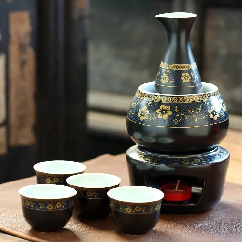 Japanese Sake Pot, Warmer, Cups, Ceramic 7pcs Set
