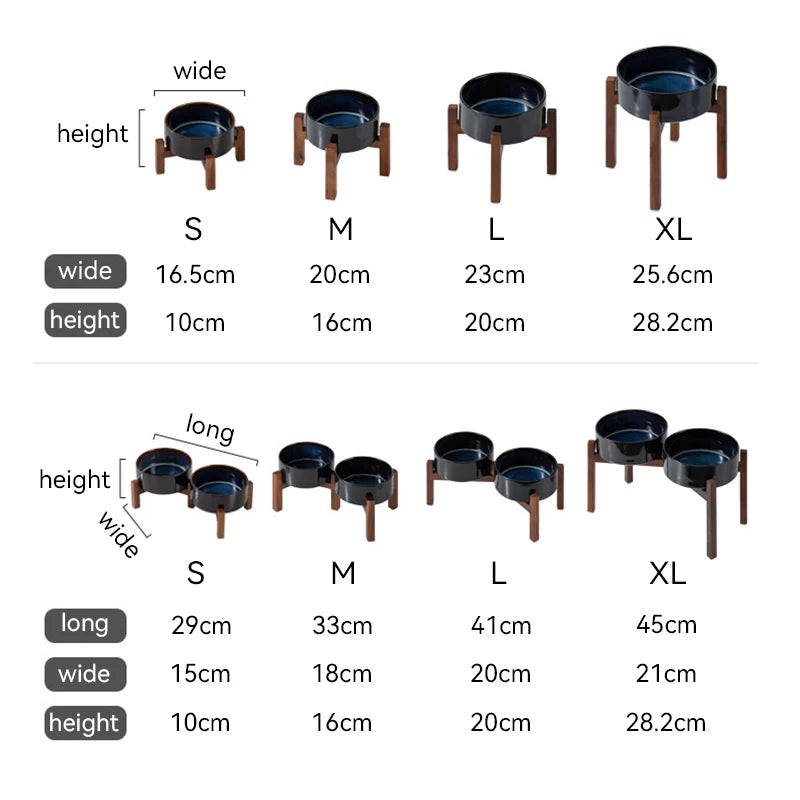 Large Ceramic Double Elevated Bowls, Wooden Stand