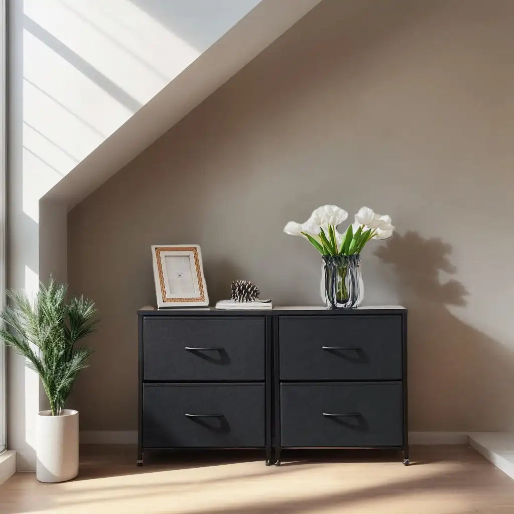 End-Tables or Nightstands, 2-Fabric Drawers, Black, Set of 2