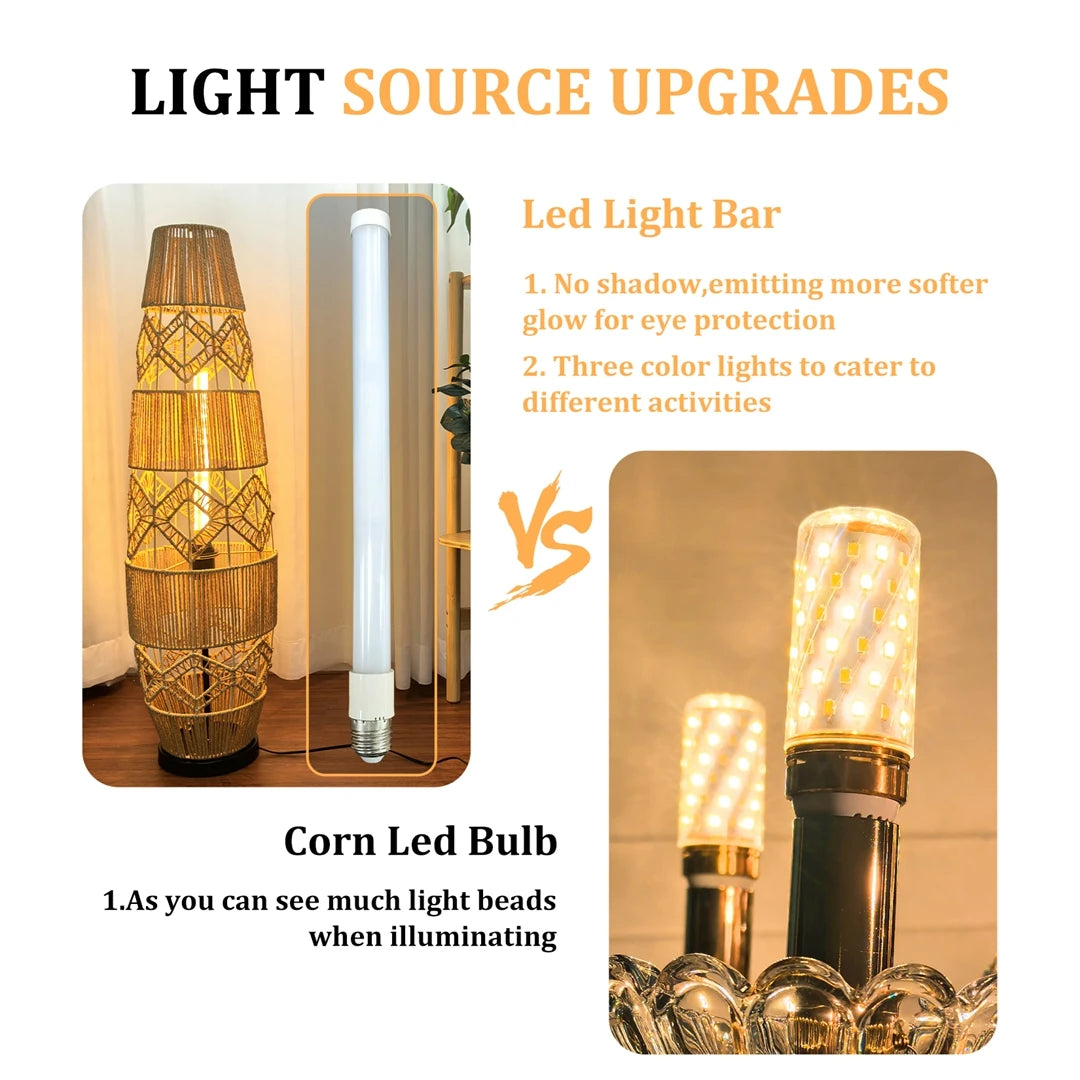 Boho Rattan Floor Lamp, Hand-Woven, LED Light-Bar