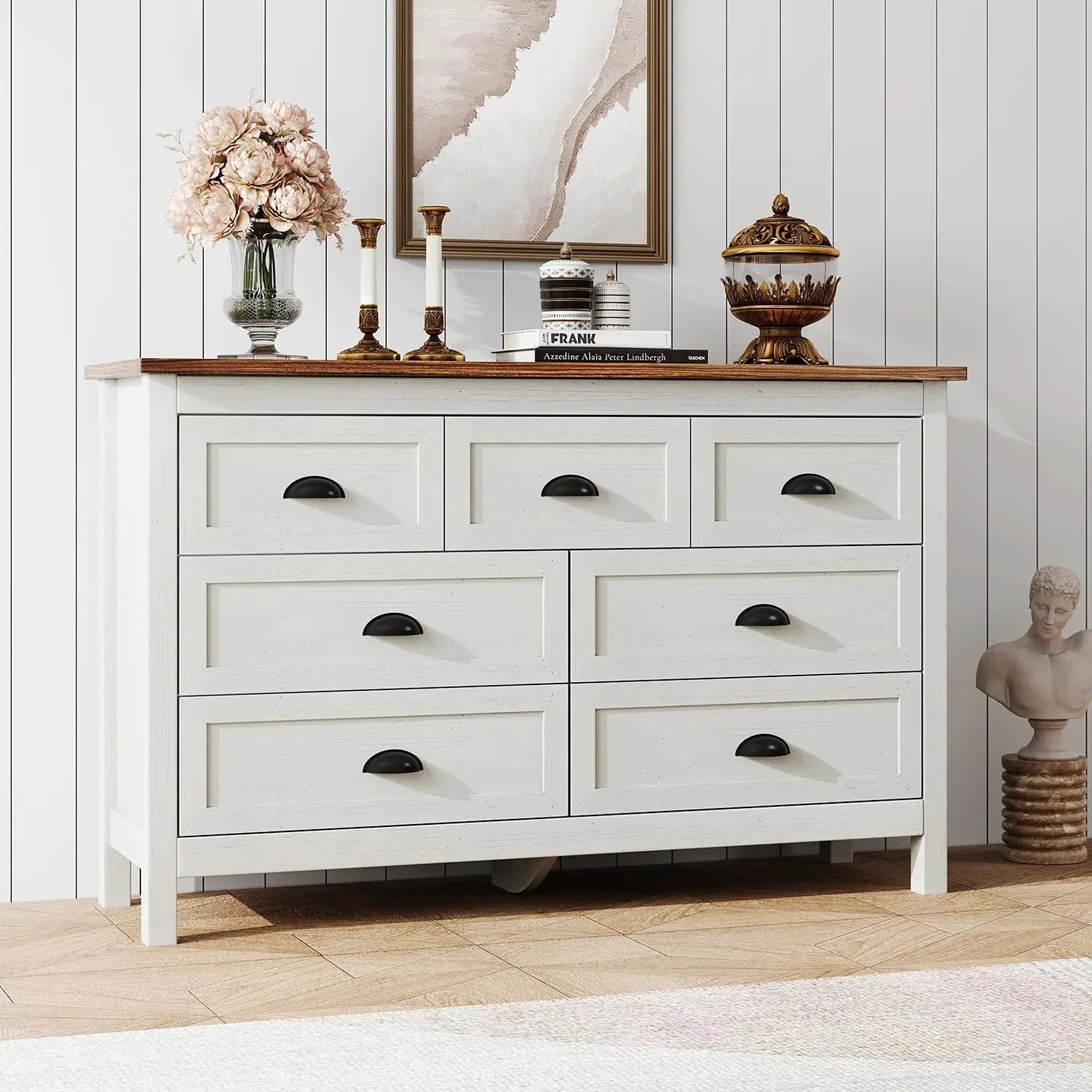 Farmhouse Style 7-Drawer Dresser; Black Drawer Pulls