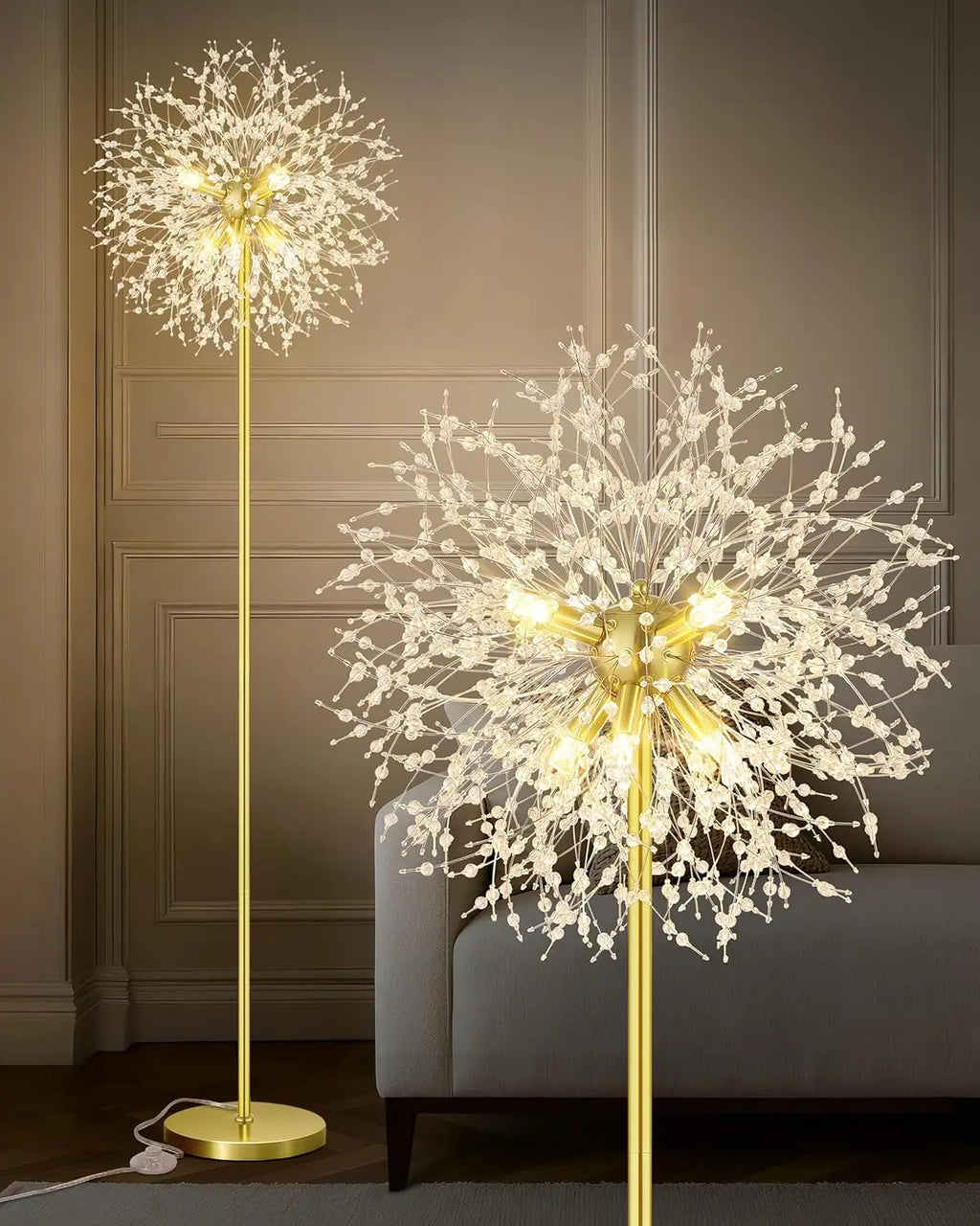 Mid Century Gold Crystals Floor Lamp with Foot Switch