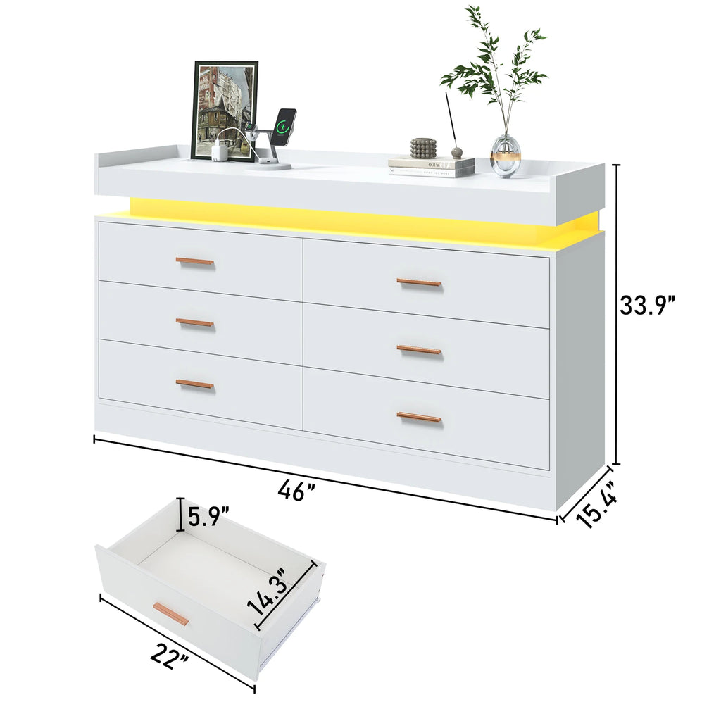 Modern Dresser with 6 Wide Drawers, Gold Hardware, LED Lights