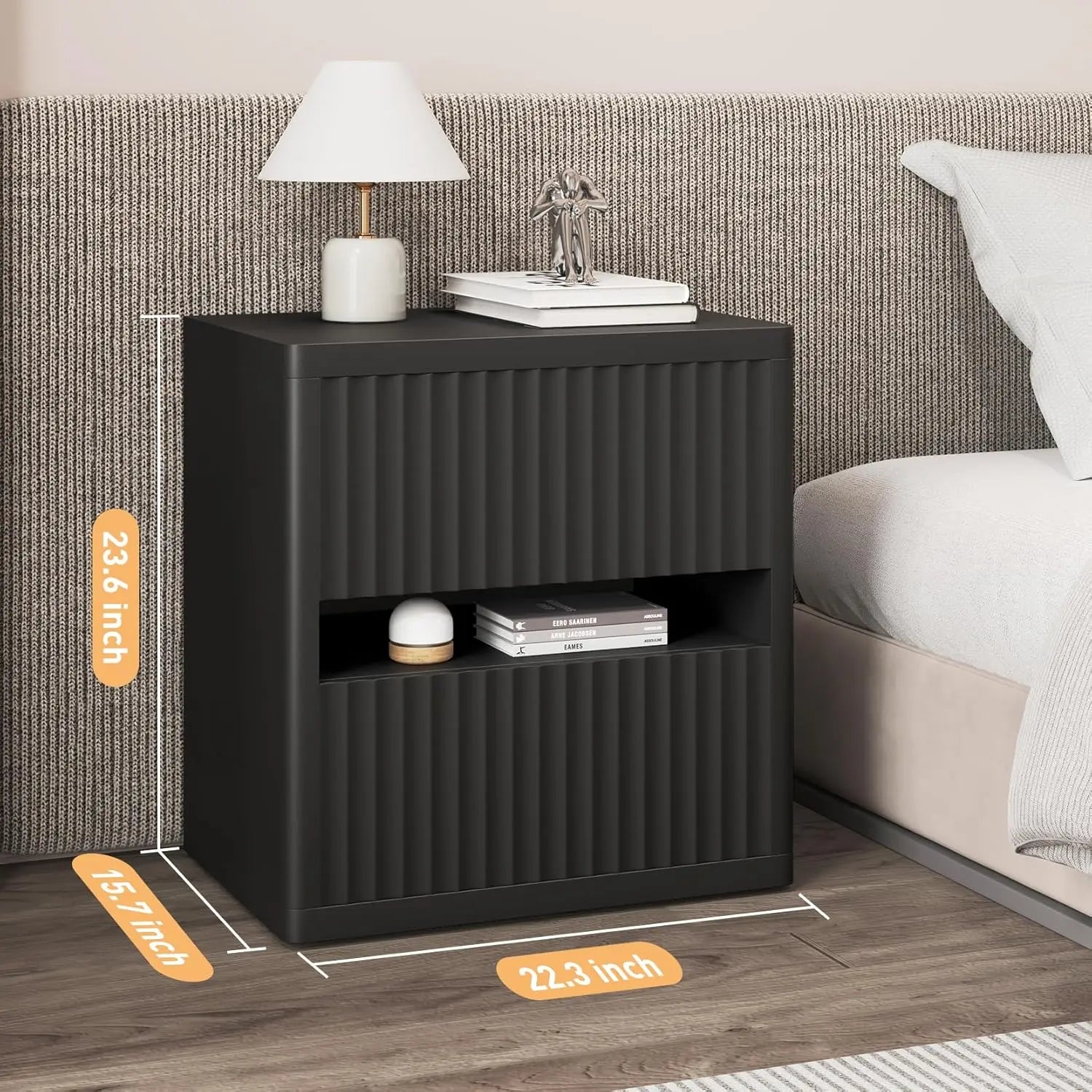 Mid-Century Black Fluted 2-Drawer End Table or Nightstand