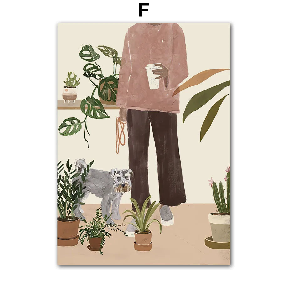 Boho Abstract Girl, Flowers, Illustrated Canvas Paintings